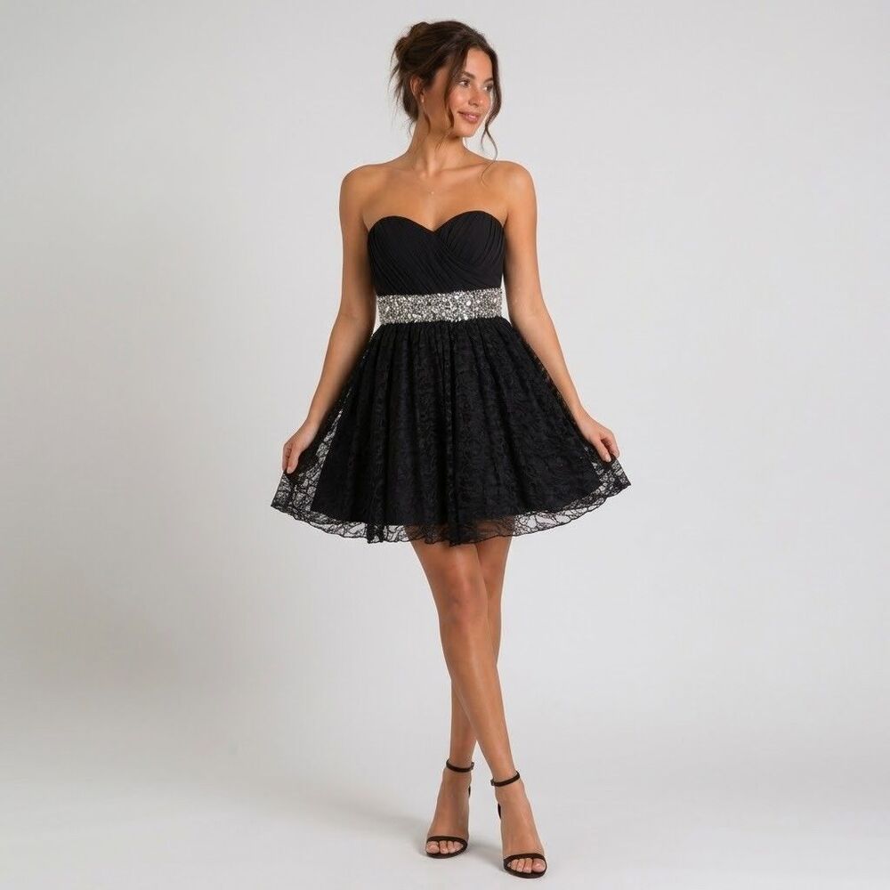 My Michelle size 3 strapless black party Dress gems beads sequins glitter lace